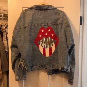 Denim Jacket with Patriotic Lip Patch - Red, White, Blue